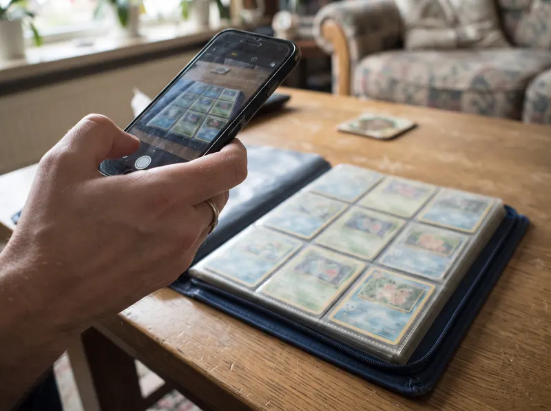 Met een gsm een foto maken van een mappagina met Pokémon kaarten