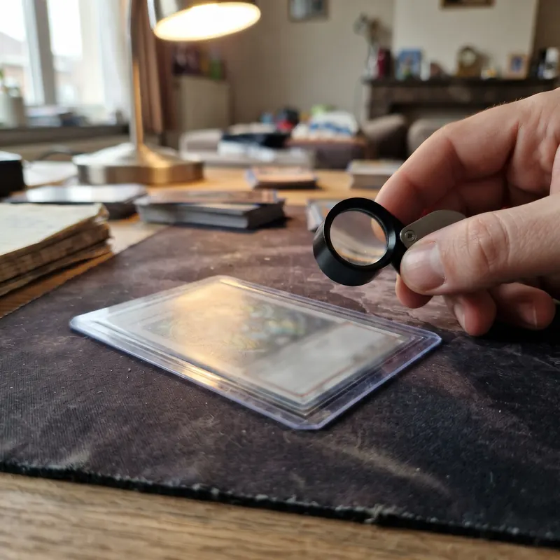 De hoek van een kaart in een hoesje nakijken met een loep