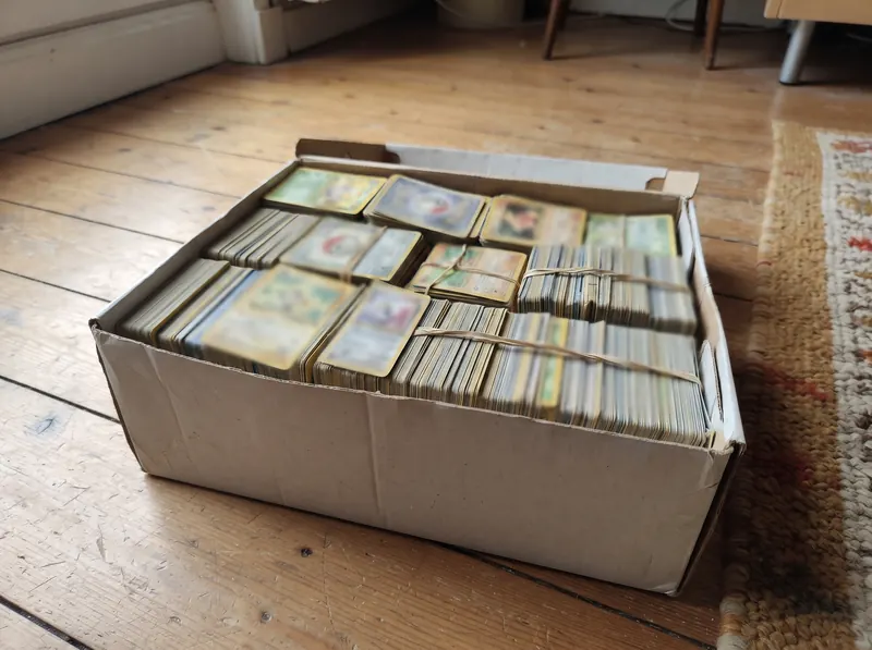Doos vol losse Pokémon kaarten met elastiekjes, op een houten vloer